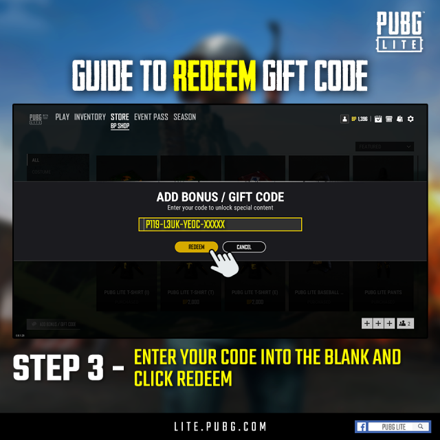 PUBG PC LITE Redeem the code ingame to receive a total of 8 awesome